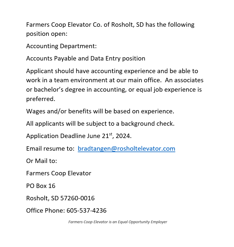 Farmers Coop Elevator Rosholt Open Positions